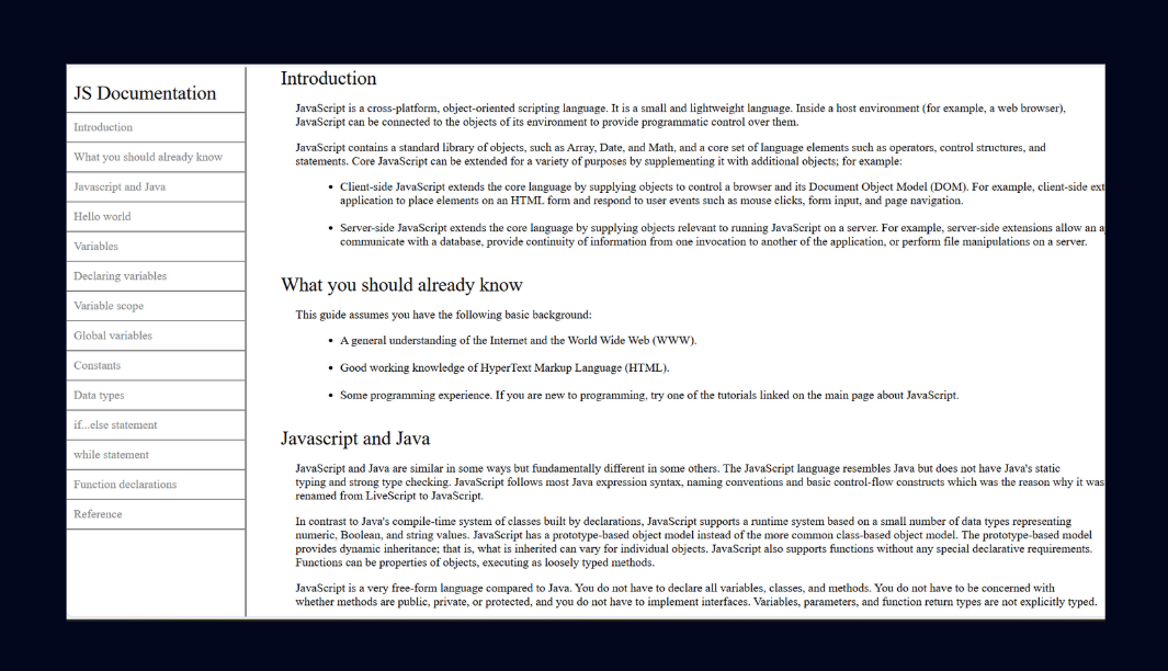Javascript Technical documentation page